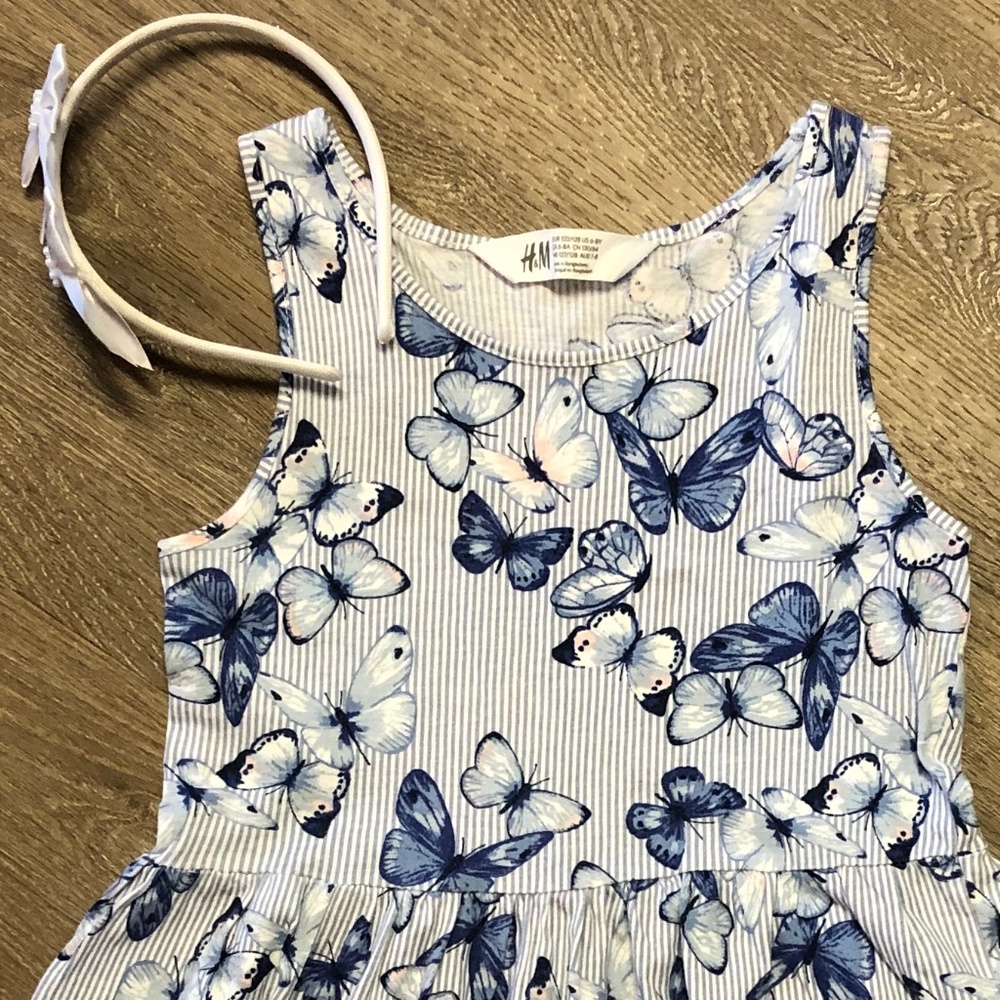 H&M blue butterfly dress size 6-8Y + headband